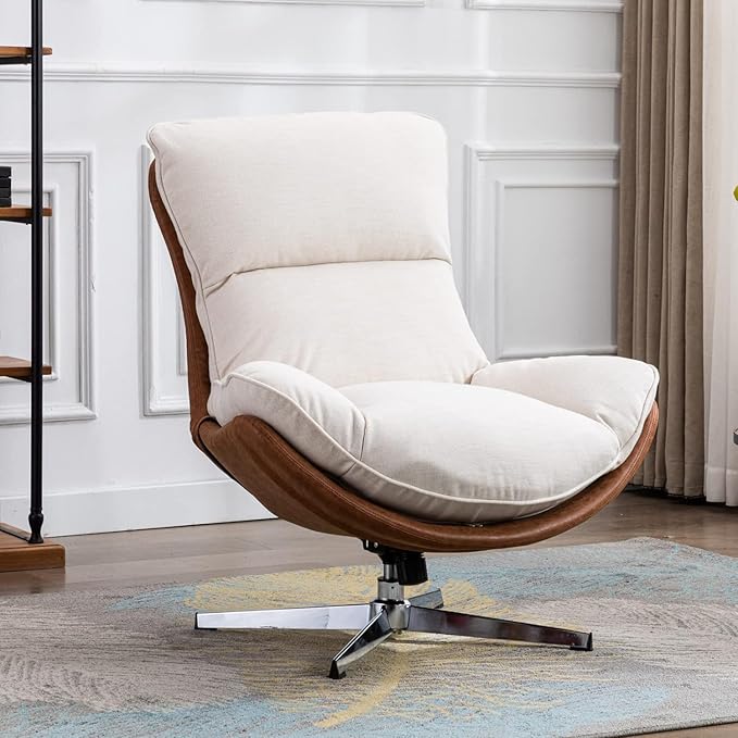 HEAH-YO Swivel Accent Chair Modern Living Room Chair with Backrest Upholstered Linen Fabric Armless Lounge Reading Chair for Bedroom Beige