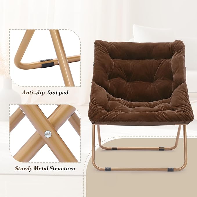 Athena Collection Comfy Saucer Chair and Ottoman Set for Adult Comfortable Faux Fur Square Oversize Folding Reading Chair with Metal Leg Lazy and Cozy for Bedroom Living Room Brown