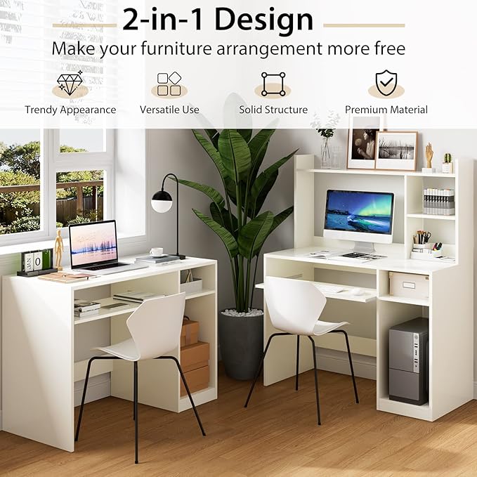 Home Office Desk w/Hutch Gaming Table Workstation w/Keyboard Tray CPU Stand &amp Bookshelf Modern &amp Space-Saving Writing Desk for Dorm Bedroom White