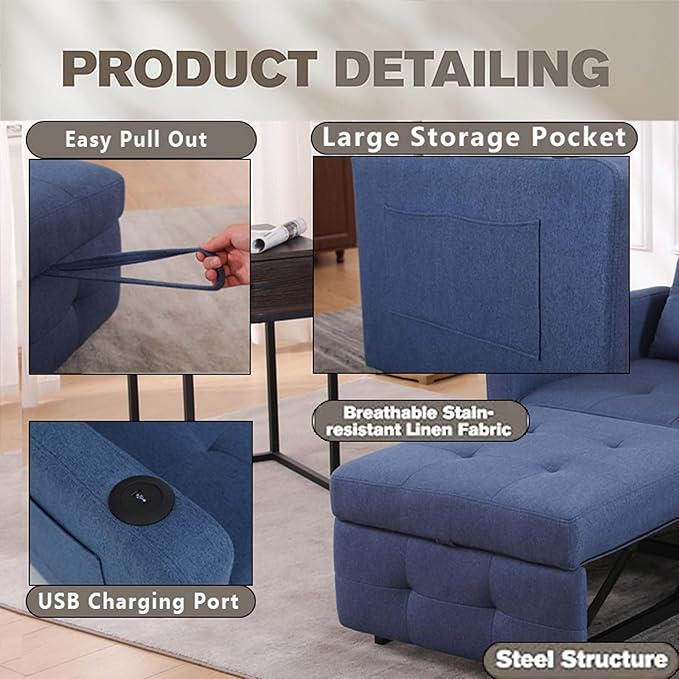 Convertible Chair Bed Sleeper for Adults 3 In 1 Sofa Bed Chair with USB Bedroom Sleeper Chair Pull Out Beds with Adjustable Back &amp PocketFabric Chair That Turns Into Beds For Living Room(Navy B