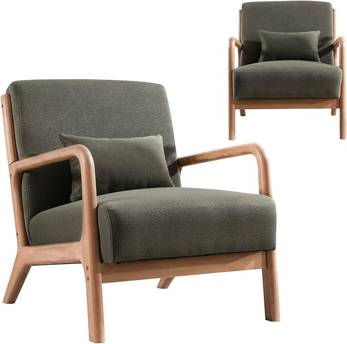 INZOY Mid-Century Modern Accent Chair Set of 2 Green Reading Armchair with Waist Cushion Upholstered Living Room Chairs for Bedroom Sunroom