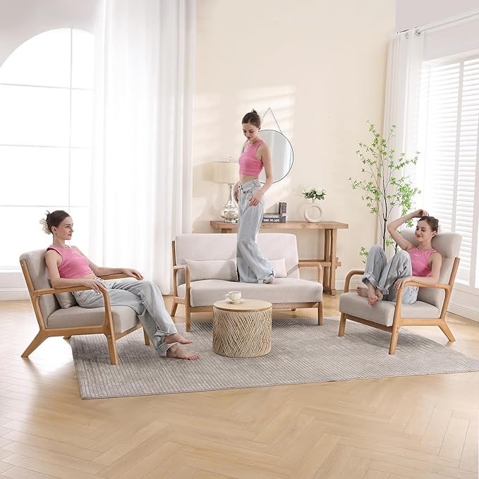 INZOY Mid Century Modern Accent Chair with Wood Frame Upholstered Living Room Chairs with Waist Cushion Reading Armchair for Bedroom Sunroom (Beige)