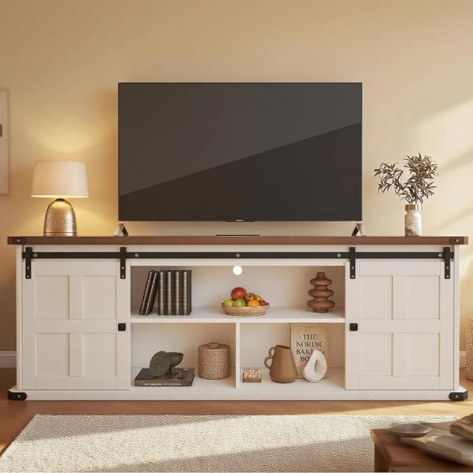GAOMON 70 Farmhouse TV Stand for 80/75/70 Inch TVsEntertainment Center Storage Cabinets w/Power Outlets and Sliding Barn DoorRustic TV Stands for Living RoomMedia Console Cabinet (White+Brown)
