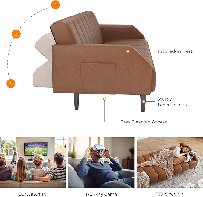 Fadware Faux Leather Couch Convertible Futon Sofa Bed with Adjustable Backrest Mid Century Leather Sofa Loveseat with Side Pockets&amp Metal Leg Modern Leather Sleeper Sofa for Living Room Bedroom