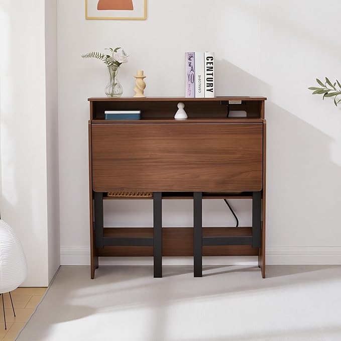 Folding Desk with Charging StationFold Out Desk with Monitor StandStorage ShelfSmall Foldable Computer Desk for Compact Home Office Spaces (Walnut)