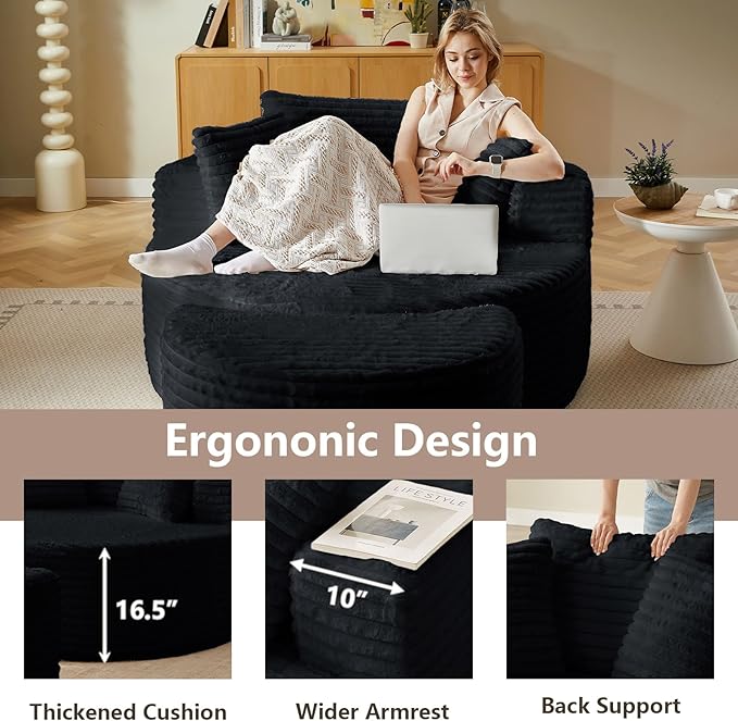 74.6 Oversized Round Chaise Lounge Chair with Ottoman Indoor Fluffy Upholstered Corduroy Deep Seat Large Boneless Circle Couch Sofa Chairs for Living Room Bedroom No Assembly Required Black