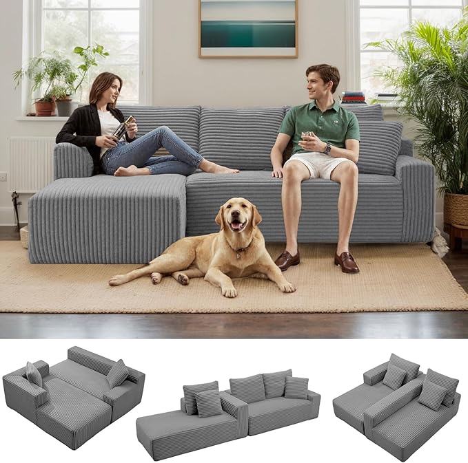 MEISIMAN 106'' Boneless Couch Cloud Couch - L Shaped Couch with Chaise Plush Corduroy Couch &amp Memory Foam Couch Modular Sectional Sofa Grey Couch for Living Room (Left Facing Chaise)
