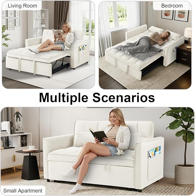 3 in 1 Convertible Sofa Bed Pull Out Couch with Adjustable Backrest Velvet Sleeper Sofa Loveseat with Pillows and Side Pockets for Living Room Bedroom Apartment Beige