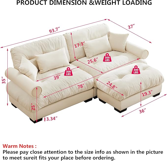 Aoowow Oversized 2 Seater Cloud Sofa Couch with Ottoman for Living RoomLarge Modular Sectional L-Shaped Cloud Sofas Deep SeatModern Velvet 2 Seat Couches Lounger SleeperTufted