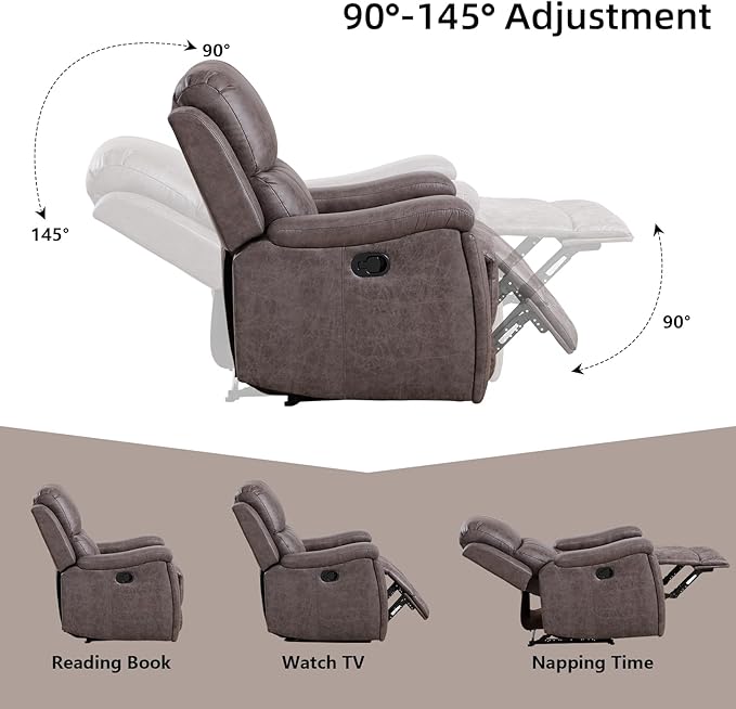 Leather Recliner Chair Manual Recliner Chair for Adults with Overstuffed Arms and Back Single Sofa Recliner with Cup Holders for Living Room (1 Grey)