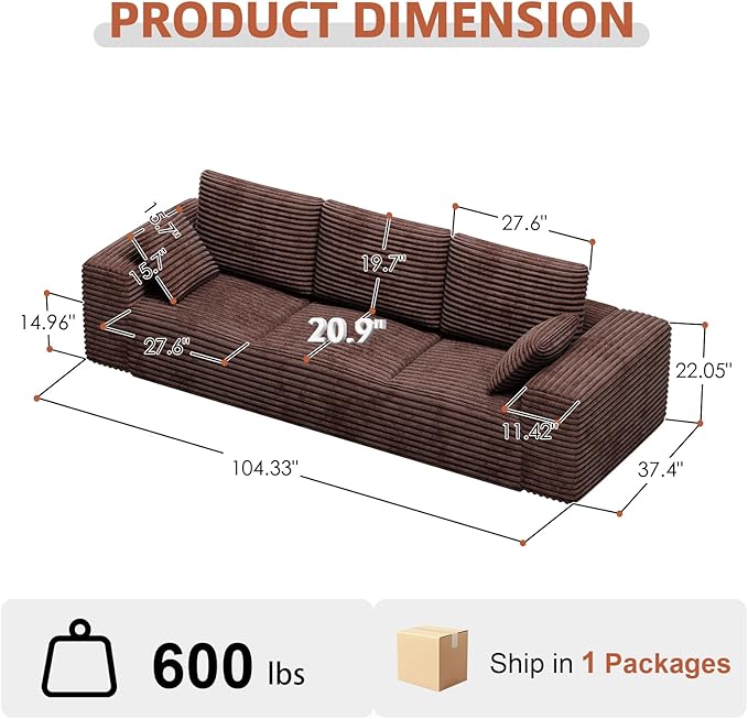 Corduroy Cloud Modular Sectional Couch Boneless Memory Foam Sectional Sofa Comfy L-Shaped Compression Couches with Chaise for Living Room No Assembly Required (Brown 3-Seater)