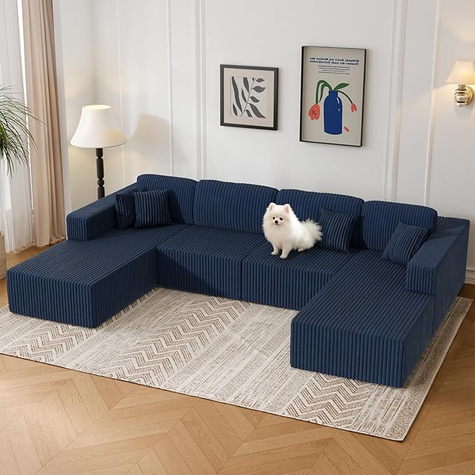 132 U Shaped Couch Oversized Modular Sectional Sofa with Chaise Corduroy U Shaped Couch with Deep Seat Boneless Couches for Living Room No Assembly Required Blue
