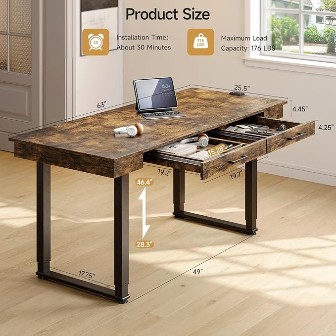 ONBRILL Standing Desk with Drawers 63x26 Inches Rectangle Electric Stand Up Desk with Dual Motor Adjustable Height from 28-46 Inch for Home &amp Office Rustic Brown