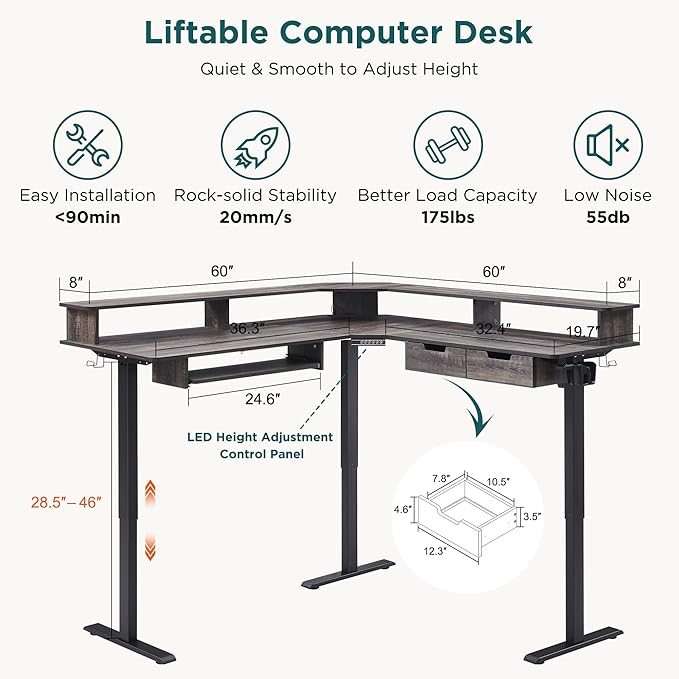 RedLemon 60 Inches L Shaped Electric Standing DeskHeight Adjustable Corner Gaming Desk with Drawers Keyboard Tray Power Outlets &amp LED Lights Computer Desk with Monitor Shelf Dark Rustic Oak