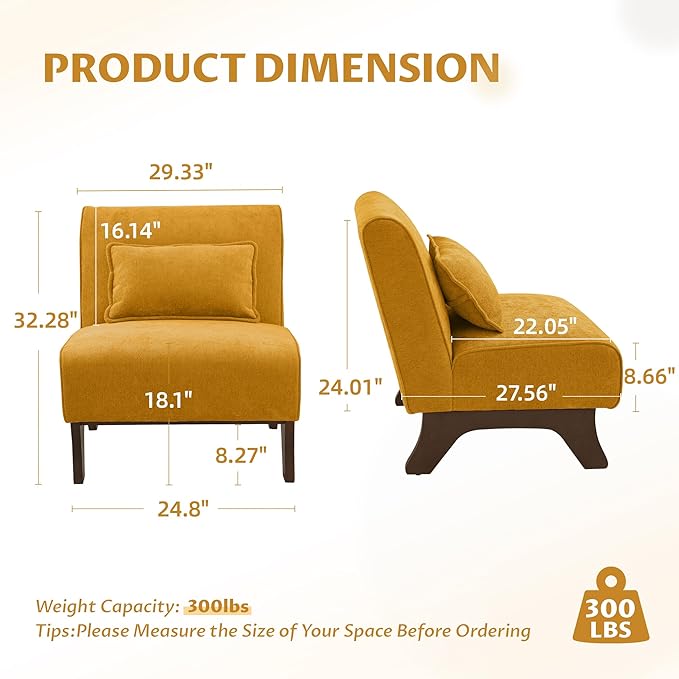 Set of 2 Upholstered Armless Accent ChairModern Comfy Living Room Chairs with Wooden Legs&amp PillowsLounge Sofa Side Chair for Bedroom Farmhouse Reading (Yellow 2 PCS)