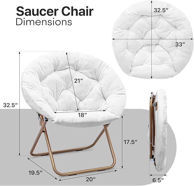 Comfy Saucer Chair Set of 2 Metal Frame Cozy Lounge Lazy Chair Folding Faux Fur Round Saucer Chair for Adults Foldable Papasan Moon Chair for Living Room Dorm Bedroom