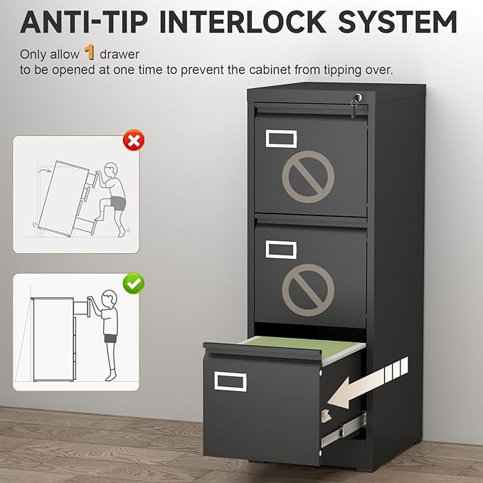 3 Drawer File Cabinet with Lock Small Filing Cabinet Under Desk Storage Organizer for Home Office Vertical Metal Locking Cabinet DrawersBlack