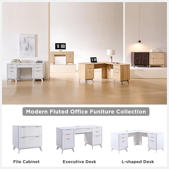 T4TREAM 60'' Fluted Executive Desk with Drawers Modern Home Office Computer Desk with Charging Station Keyboard Tray File Drawer and Storage Cabinet for Study Living Room Bedroom Solid White