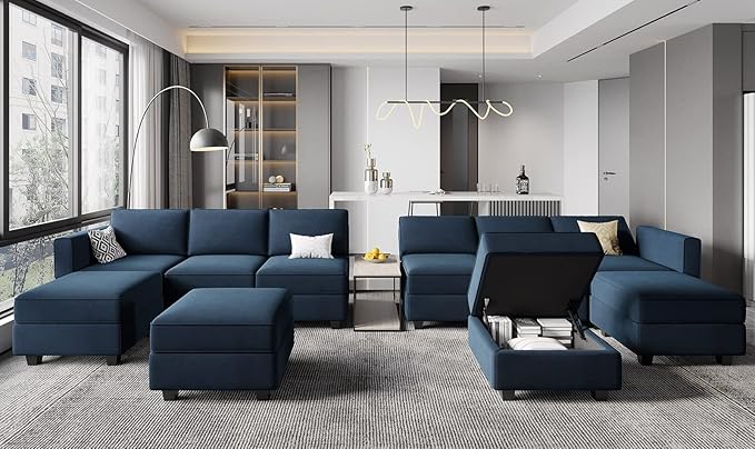 Belffin Storage Ottoman Module for Modular Sectional Sofa Square Seat Cube Velvet Foot Stool Blue