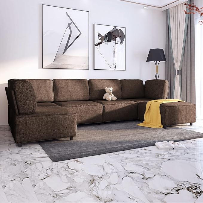 BALUS 120 Sectional Sofa for Living RoomU Shaped Modular Sofa Couch with Ottoman 6-Seat Oversized Sleeper Sofas Deep Seat for Apartment Home OfficeLinen Fabric Brown