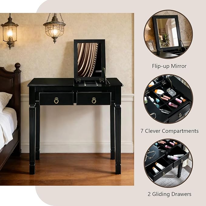 Black Makeup Vanity Desk Set with Flip Top Mirror 31.5 Small Vanity Desk with Mirror Dressing Table with 2 Drawers &amp 7 Compartments Makeup Table with Hidden Fabric Stool for Bedroom Small Spac