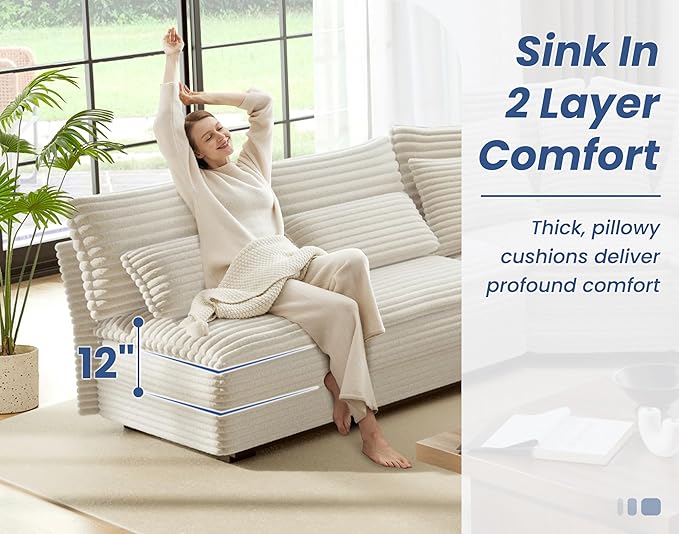 5-Seater Sectional Couch 102 L-Shaped Corner Sofa Oversized Corduroy Cloud Couch with 2-Layer Cushions for Living Room Aparment (White)