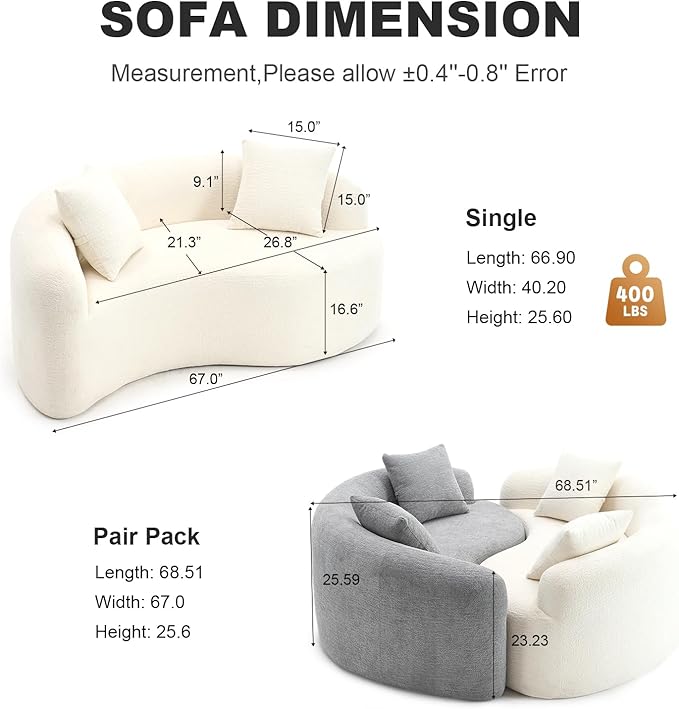Modern Chenille S-Curved Modular Loveseat Sofa 66.9 Compression Sponge Boneless Couch No Assembly Required Cozy Upholstered Seating for Living Room Apartment Office or Meditation Space (White)