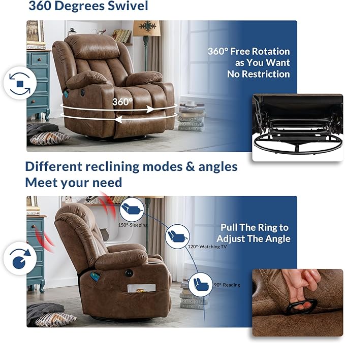 Manual Swivel Glider Rocker Recliner Chair with Heated Massage 360° Swivel Overstuffed Reclining Chair with 2 Cup Holders Side Pockets &amp USB Ports for Living Room Brown