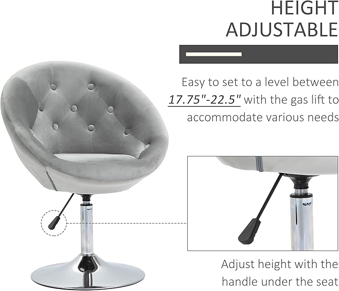 Modern Makeup Vanity Chair Round Tufted Swivel Accent Chair with Chrome e Height Adjustable for Living Room Bedroom Gray