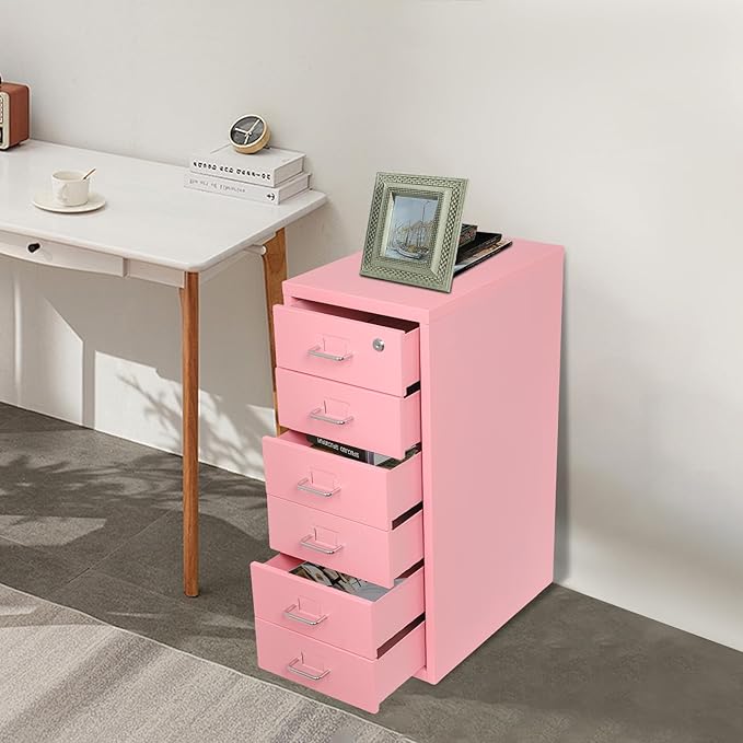 6 Drawer Mobile File CabinetVertical File Cabinet with Lock Metal Storage Cabinet for HomeOffice Horizontal Rolling Filing Cabinets for Letter/Legal/A4/F4 Hanging Files (Pink)