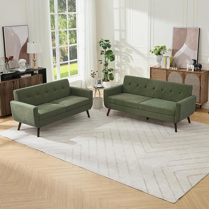 Tbfit Mid Century Modern Sofa Couch Loveseat &amp Standard Sofa Green | linen fabric button tufted solid wood foot pocket spring wood slats frame