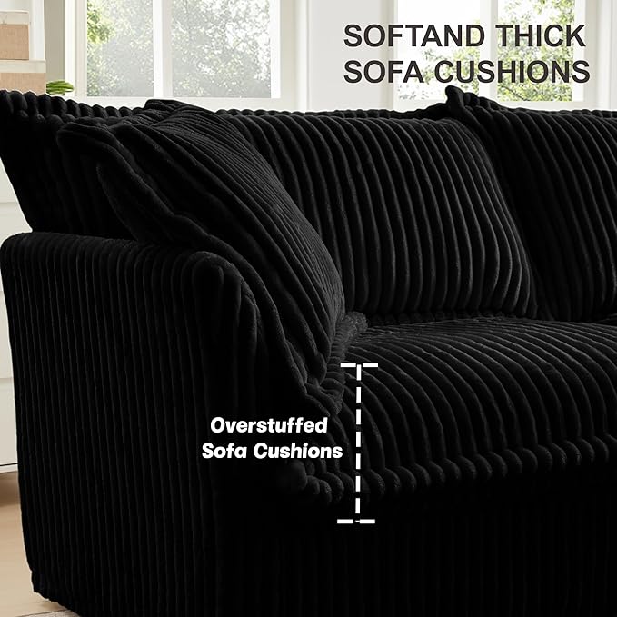 120 Inch 3-Seater Oversized Sectional Sofa with 2 Ottomans - Wide Deep Seat Removable Washable Corduroy Fabric for Living RoomBlack