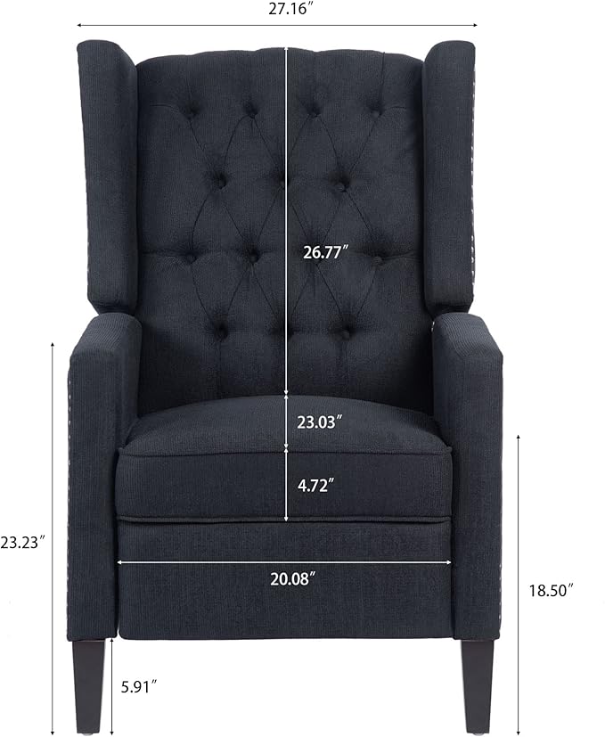 Push Back Recliner ChairEasy Chairs for Small SpacesComfy ArmchairReading Recliner Chairs for AdultsLiving Room Accent Chair Wingback and Rivets Design for Modern Recliner Chair(Black)