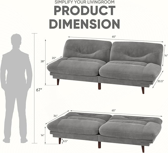 JUMMICO Convertible Futon Sofa Bed Sleeper Futon Couch with Adjustable Backrest and Armrests Modern Loveseat with Sturdy Wood Frame for Small Spaces Apartments (Corduroy Dove Gray)