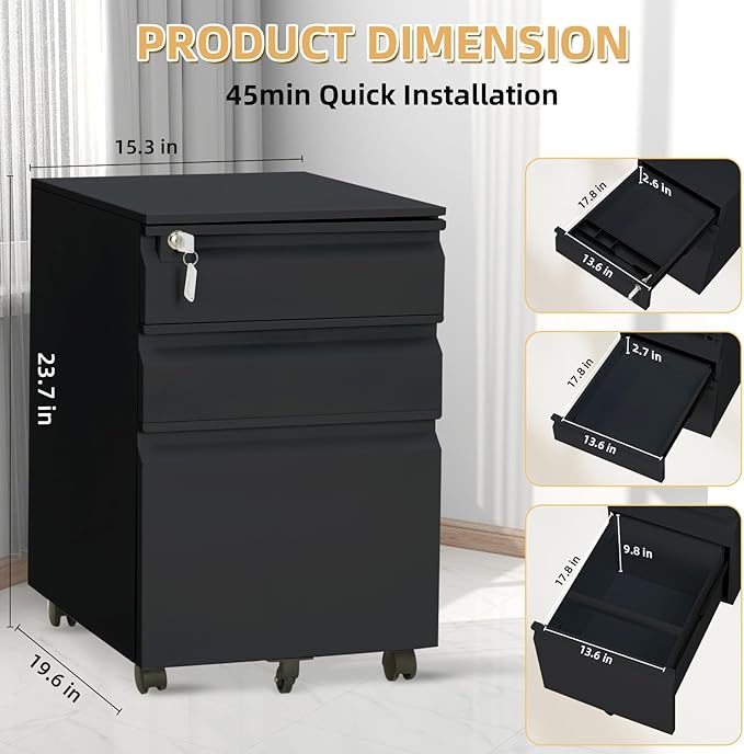 Filing Cabinets for Home Office Organizer 3 Drawer Mobile File Cabinet with Lock &amp Anti-Tip WheelUnder Desk Metal Filing Cabinets ForLetters/Legal/A4 (Un-Assembled) (Black)