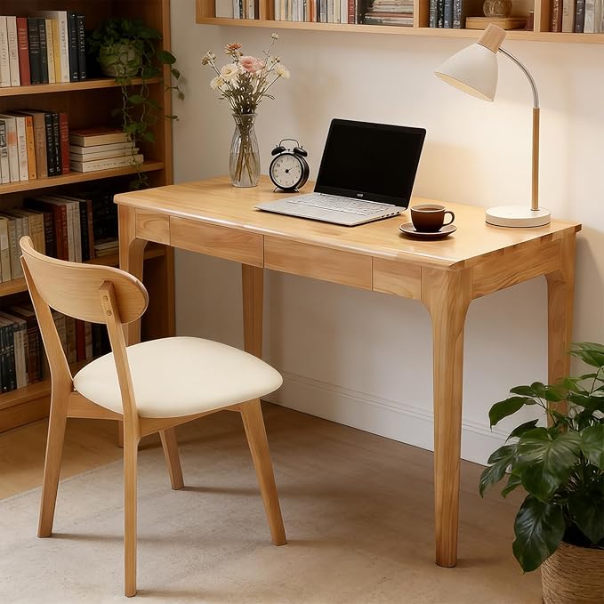 47 Solid Wood Writing Desk Small Computer Desk with Drawers Walnut Study Table with File Drawer Simple Office Desks with Storage for Home Office Bedroom Study Room (Natural)