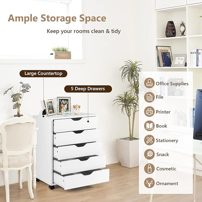 5 Drawers File Cabinet Vertical Filing Cabinet for Home Office Mobile Under Desk Office Storage Cabinet with Wheels Modern Chest of Drawers for Bedroom (White 5 Drawers)