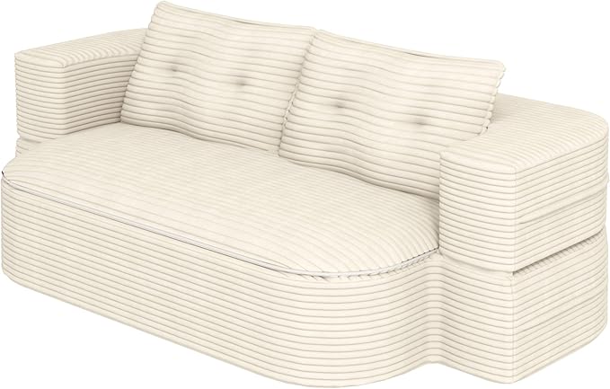 78.7 Futon Sofa Bed 2-in-1 Foldable Sleeper Sofa Convertible Floor Couch with Pillows Corduroy Couch with Multi Functional Blanket Upholstered Boneless Couches for Living Room Cream Beige