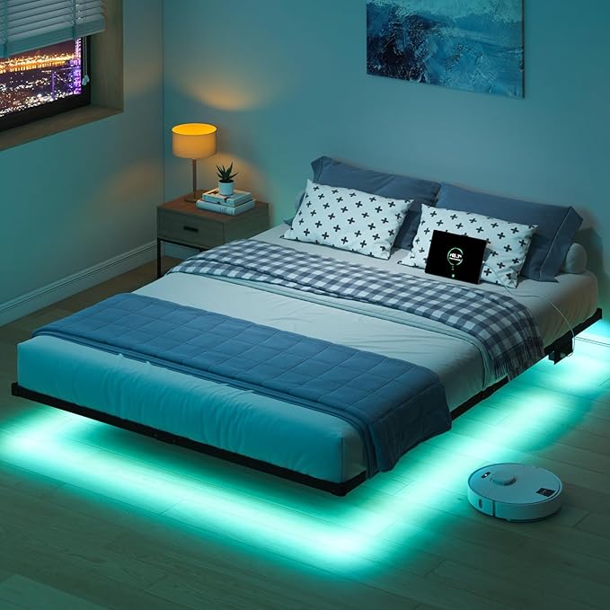 Queen Floating Bed Frame with LED Lights and Charging Station - 10 inch Platform Bed Frame No Box Spring Needed Easy Assembly