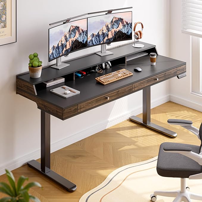 ONBRILL Modern Standing Desk with Storage 63x23.6 Inch Electric Adjustable Height Desk with 2 Drawers 3 Open Storage Zones Black