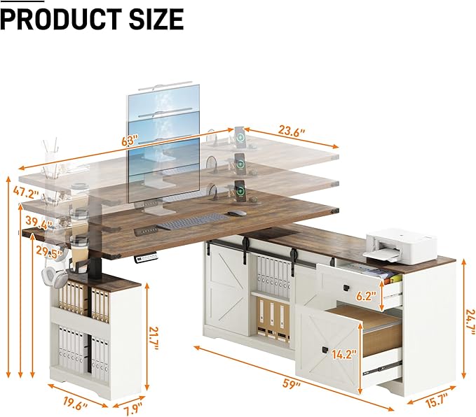 63 Farmhouse Electric Standing Desk Adjustable Height Sit Stand Corner Stand Desks L Shaped Standing Computer Desk with Power Outlets &amp Storage Drawers &amp Sliding Door for Home Office White