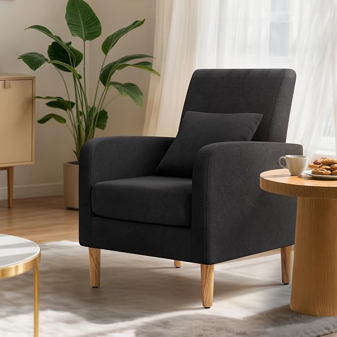 MoNiBloom Accent Chair with Back Pillow Upholstered Club Arm Chair Modern Living Room Chair with Wooden Legs for Bedroom Corner Living Room Reading Nook Black