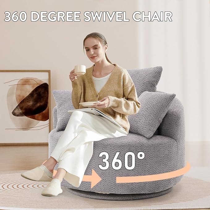 Oversized Swivel Accent Barrel Chair Comfy Deep Seat Round Single Sofa with Pillows Oversized Swivel Round Armchair Full Sponge Compression Chair for Living Room Bedroom (Grey 38 inch)