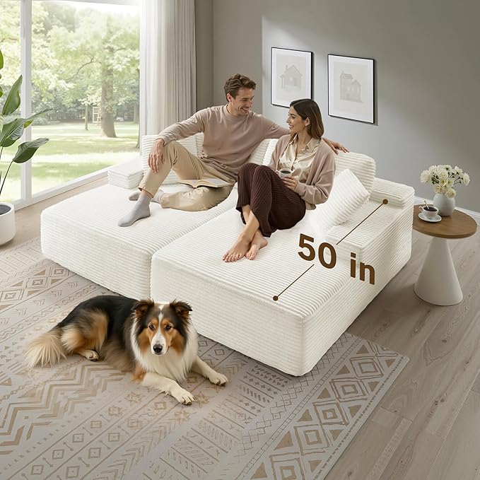 89.3” Oversized Double Chaise Lounge Indoor Beige Corduroy Chaise Lounge Chair Upholstered Sleeper Sofa Bed Deep Seat Sleeper Loveseat Reading Chairs Boneless Cloud Couch for Living Room Bedroom