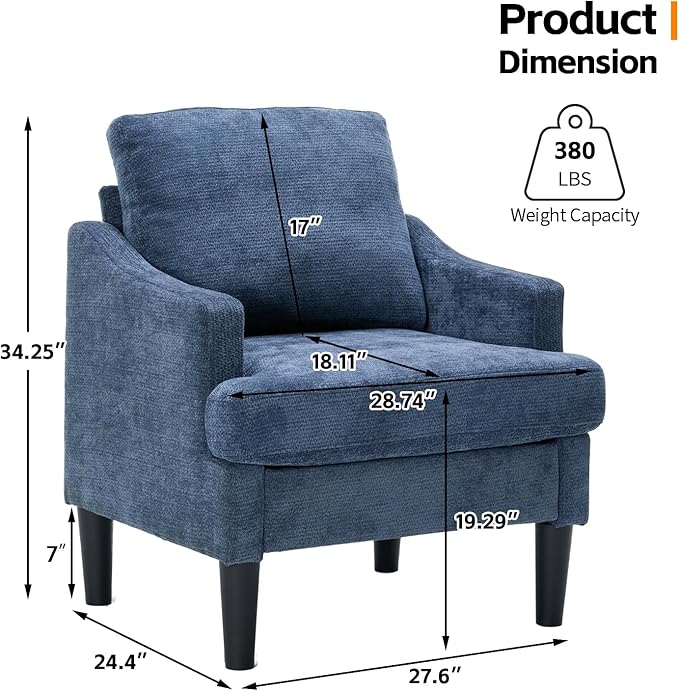 Mid-Century Modern Accent ChairBlue Armchair Comfy Living Room ChairsSofa Chair for Bedroom Apartment Studio Waiting Room Ideal as Readingchair with Plastic Legs