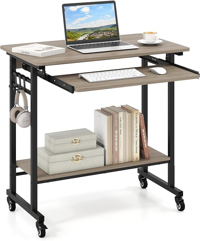 Giantex Rolling Computer Desk Mobile Desk with Keyboard Tray &amp Wheels Portable Laptop PC Table Cart with Shelf &amp Hooks Small Desk for Small Spaces Bedroom Apartment (Grey Oak)