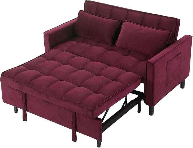 3 in 1 Convertible Sofa Bed Love Seat Sleeper Bed with Side Pockets Velvet Fabric Pull Out Couch with Adjustable Backrest for Living Room Bedroom Apartment Purplish-Red