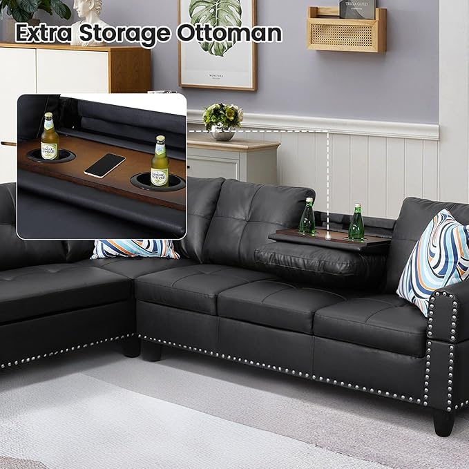 L Shape Sectional Couch with Chaise 97.5 Inch Modular Sofa with Cup Holders Sectional Couches for Living Room Ergonomic Reclined Backrest for Office and Small Apartment Black