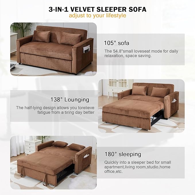 Sleeper Sofa with Pull Out Sofa BedCorduroy Futon Sofa Bed with 3 Level Adjustable Backrest &amp Storage Pockets and 2 Toss PillowsModern Couch Bed for Living RoomBedroom（Brown）