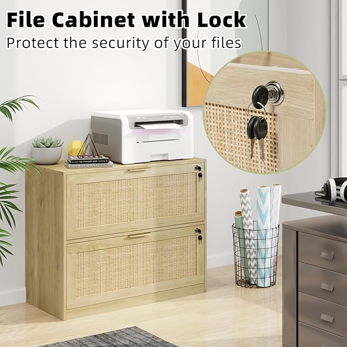 HOPUBUY 2 Drawer File Cabinet with Lock Printer Stand Lateral Filing Cabinets for Home Office and School Wood Rattan File Cabinet for Hanging Files/Letter/Legal/A4/F4 Size Oak